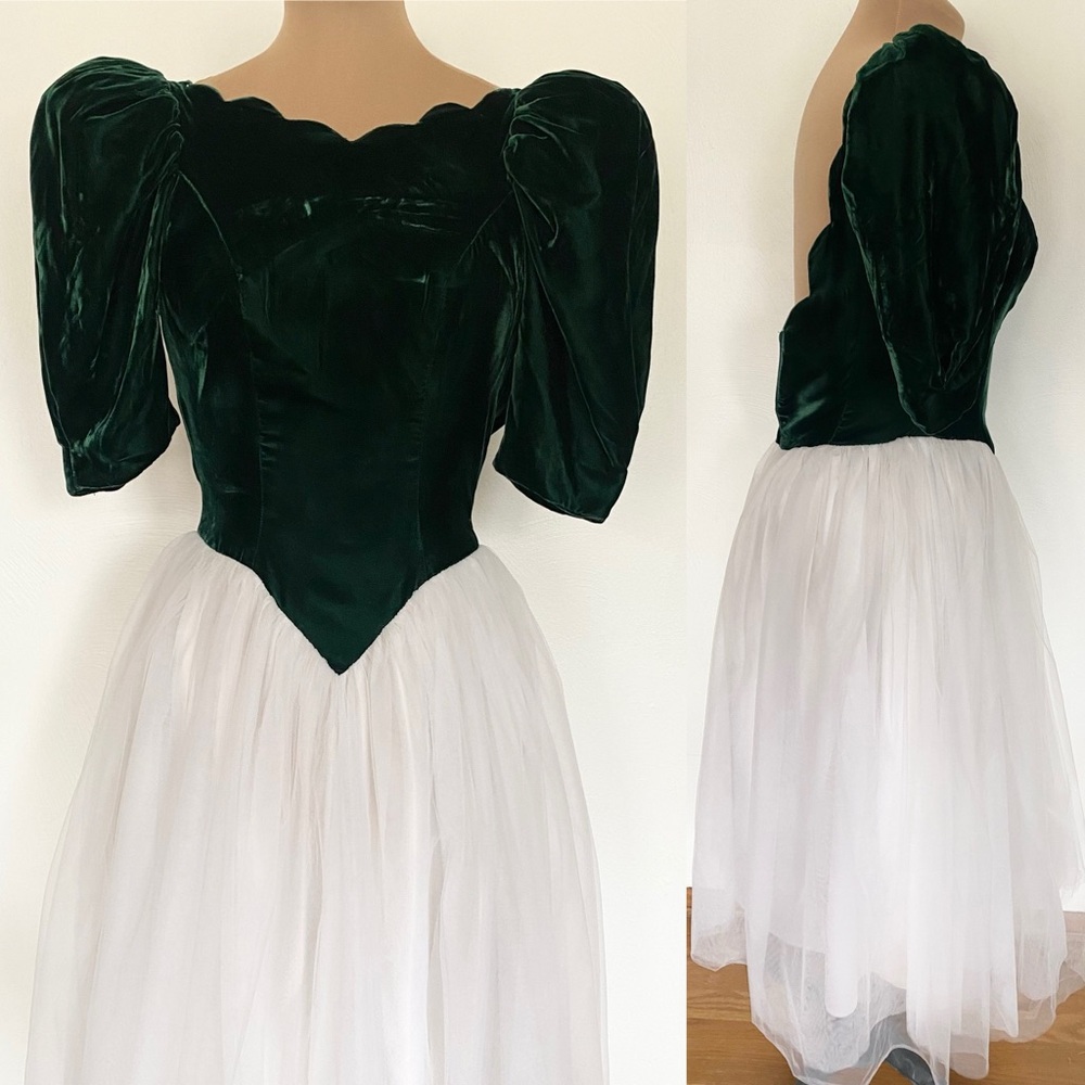 Vintage 80s Sweetheart Party Dress *Medium* GREEN Velvet Ivory Satin Tulle Skirt